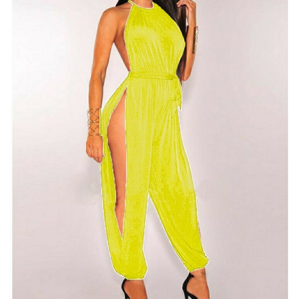 *1 M left* Spring Yellow Side Slit Jumpsuit